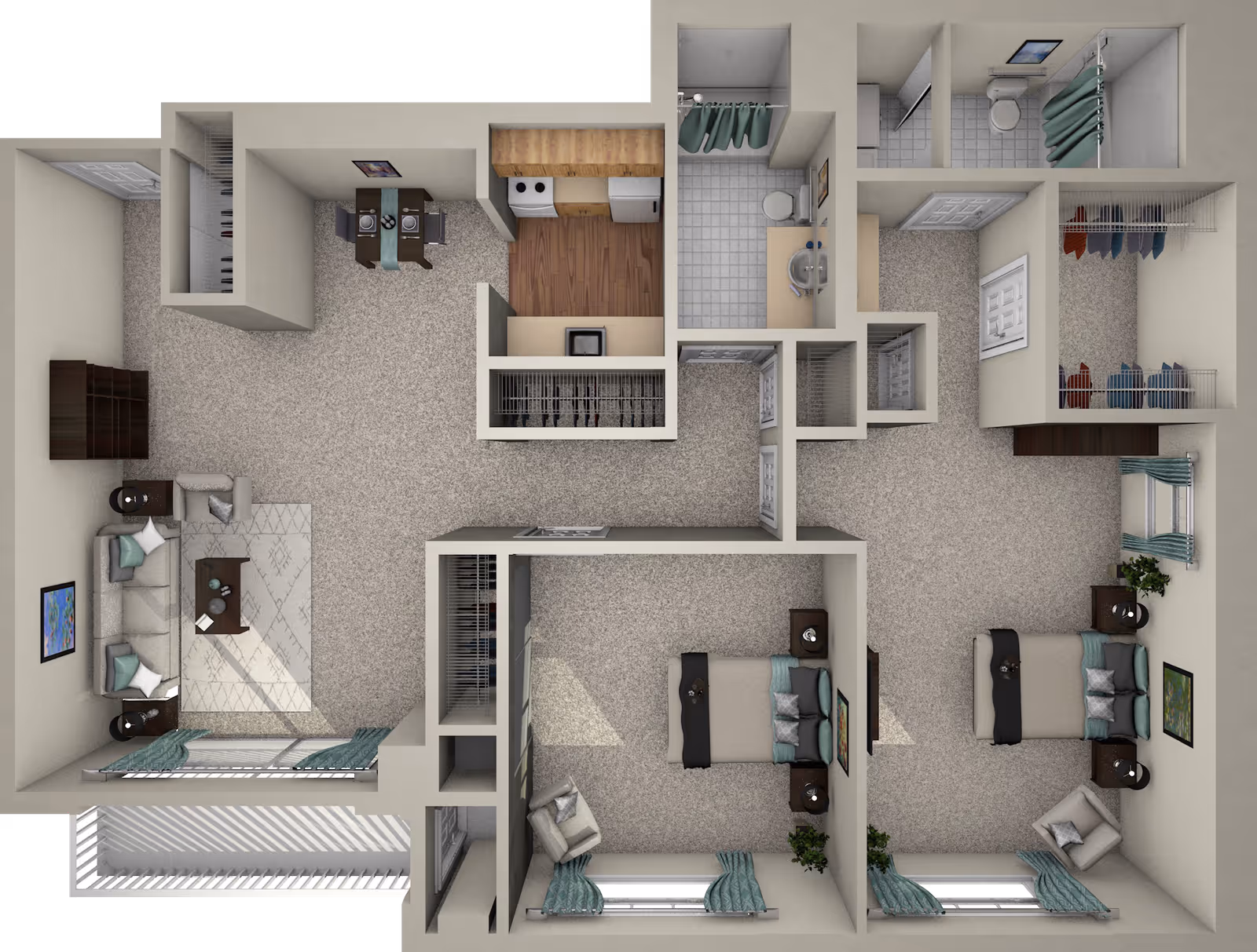 Top-down view of a two-bedroom apartment floor plan featuring a living room with sofa and coffee table, a dining area with table and chairs, a kitchen with appliances, two bedrooms each with a bed and nightstands, two bathrooms, and multiple closets.