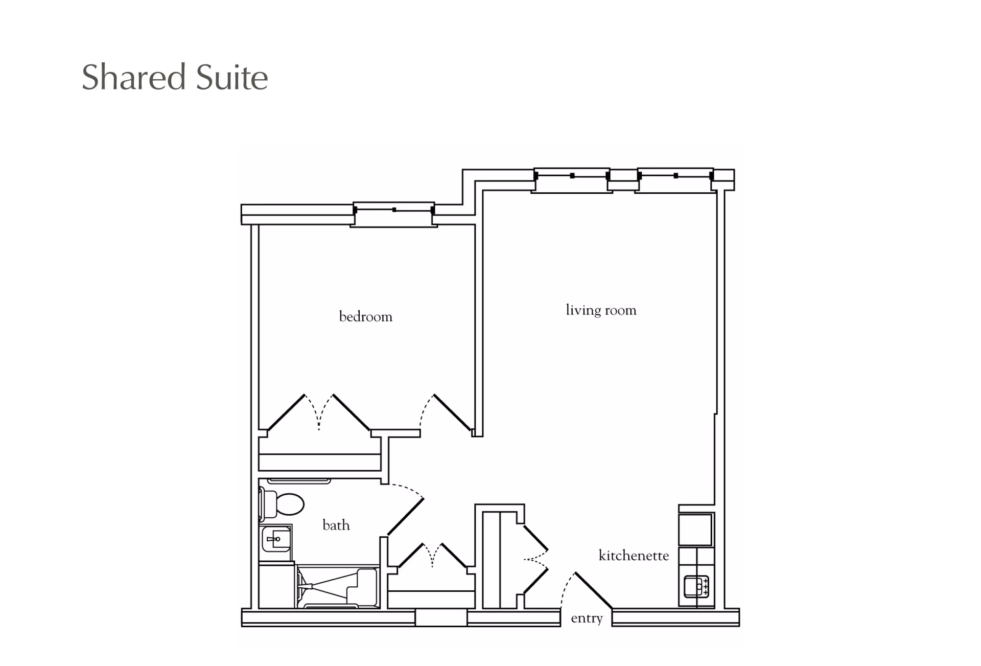 Floor plan of a shared suite at Atria East Northport showing a bedroom, living room, bath, kitchenette, and entry area.