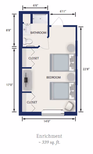 Floor plan of a senior living unit named Enrichment at Aravilla Sarasota, showing a bedroom with two beds, two closets, and an attached bathroom with a shower, toilet, and sink. Dimensions of the rooms and overall square footage of approximately 339 sq. ft. are indicated.