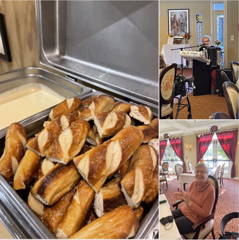 A collage of three images from The Colonnade Senior Living. The largest image shows a tray filled with pretzel sticks and a container of cheese sauce. The top right image shows an elderly woman playing an accordion and singing into a microphone in a dining room setting. The bottom right image shows an elderly woman sitting at a dining table, smiling and clapping, with red curtains and large windows in the background.