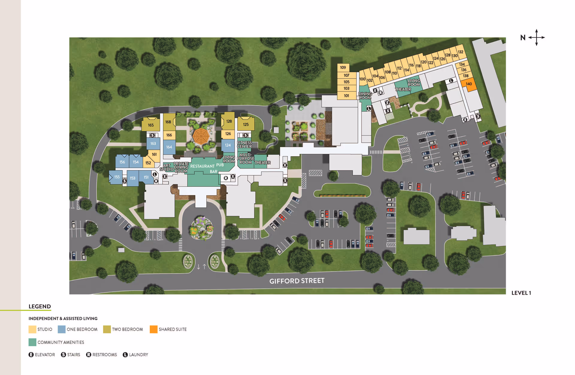 Floor plan of Atria Woodbriar Place showing layout of independent and assisted living units including studios, one-bedroom, two-bedroom, and shared suites. The plan highlights community amenities such as a restaurant, pub, bar, fitness center, multi-purpose room, theater, dining room, living room, and private dining room. The map also shows parking areas, pathways, and surrounding greenery along Gifford Street.