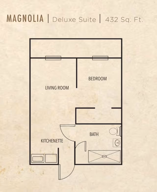 Floor plan for Magnolia Deluxe Suite at Heron Club at Prestancia, showing a 432 square feet layout with labeled areas including living room, bedroom, kitchenette, and bath.