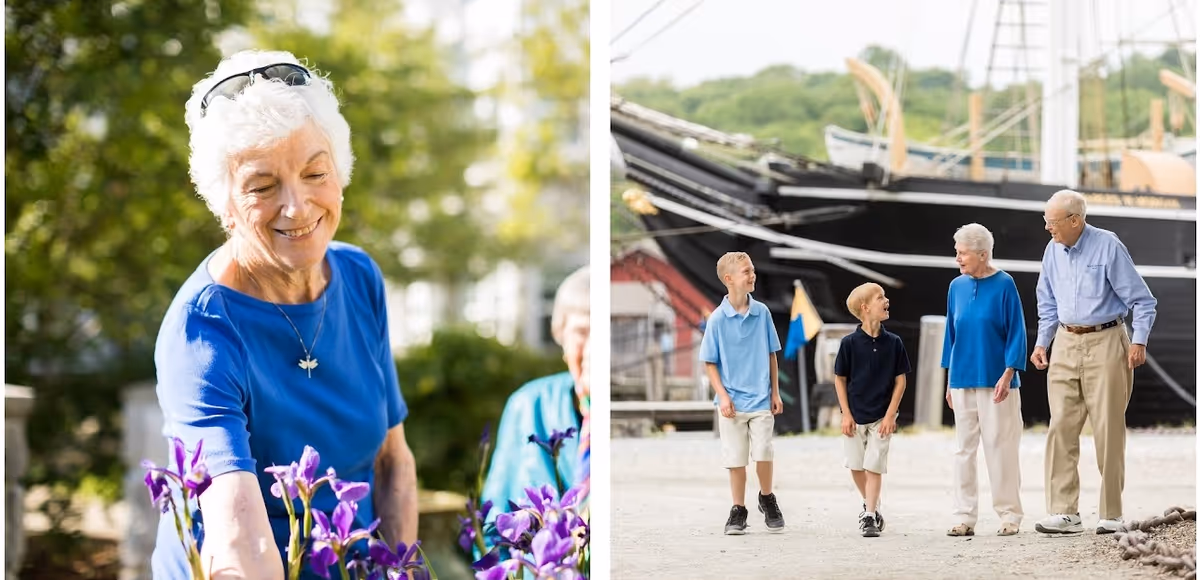 An elderly woman in a blue shirt tending to purple flowers in a garden on the left. On the right, two elderly adults and two young boys walk together near a dock with a large ship in the background.