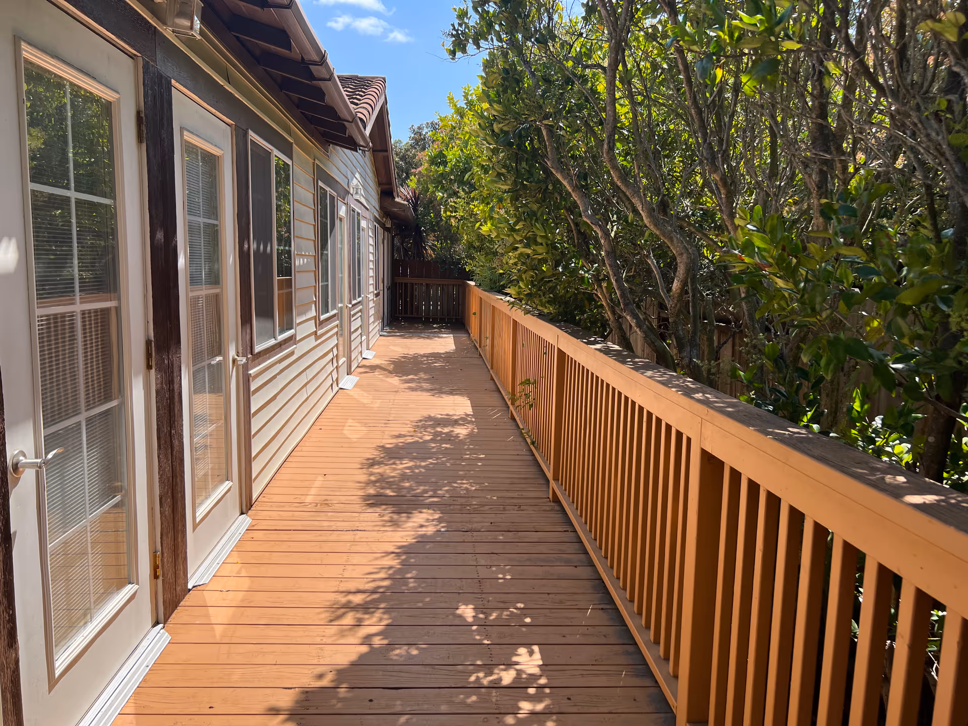 A wooden deck attached to a building with multiple glass-paneled doors and windows. The deck has a wooden railing on the right side and is shaded by trees. The sky is clear and blue.