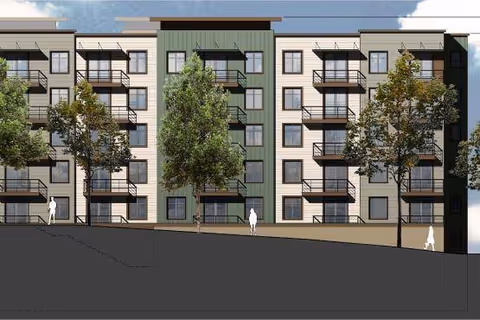 Architectural rendering of a multi-story residential building with balconies, trees in front, and three human figures walking nearby under a partly cloudy sky.