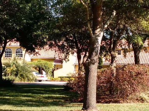 Exterior view of Angels Senior Living at Palm Harbor with trees and a parked car