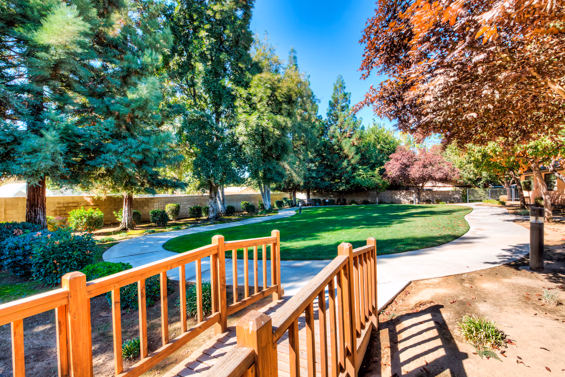 A sunny outdoor garden area with a wooden railing and small bridge leading to a curved concrete pathway surrounded by green grass, trees with green and reddish leaves, and shrubs under a clear blue sky.