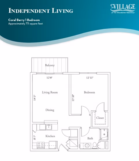 Floor plan of a one-bedroom independent living apartment named Coral Berry at Village at Woodlands Waterway, approximately 711 square feet. The layout includes a living room and dining area with a balcony, a bedroom with a closet, a kitchen, and a bathroom.