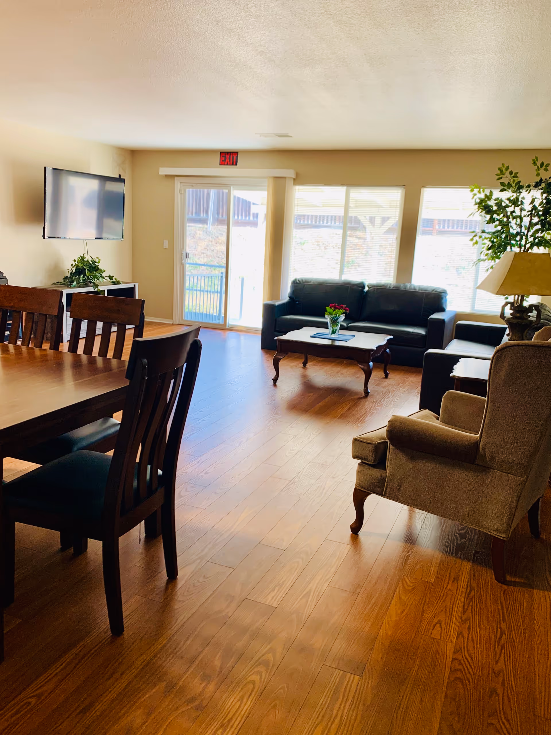 A bright living room with wooden flooring featuring a dining table with chairs on the left, a mounted flat-screen TV on the wall, a black leather sofa set with a coffee table holding a vase of flowers, an armchair, a side table with a lamp, and large windows with sliding glass doors leading outside.