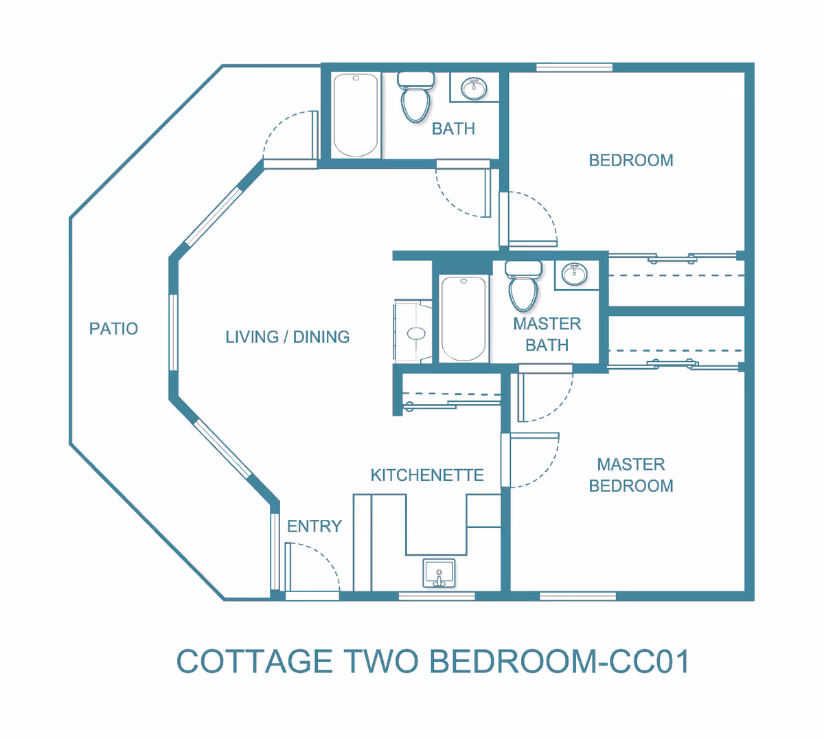 Architectural floor plan of a two-bedroom cottage labeled Cottage Two Bedroom-CC01, showing an entry, kitchenette, living/dining area, patio, one bedroom, master bedroom with master bath, and an additional bath.