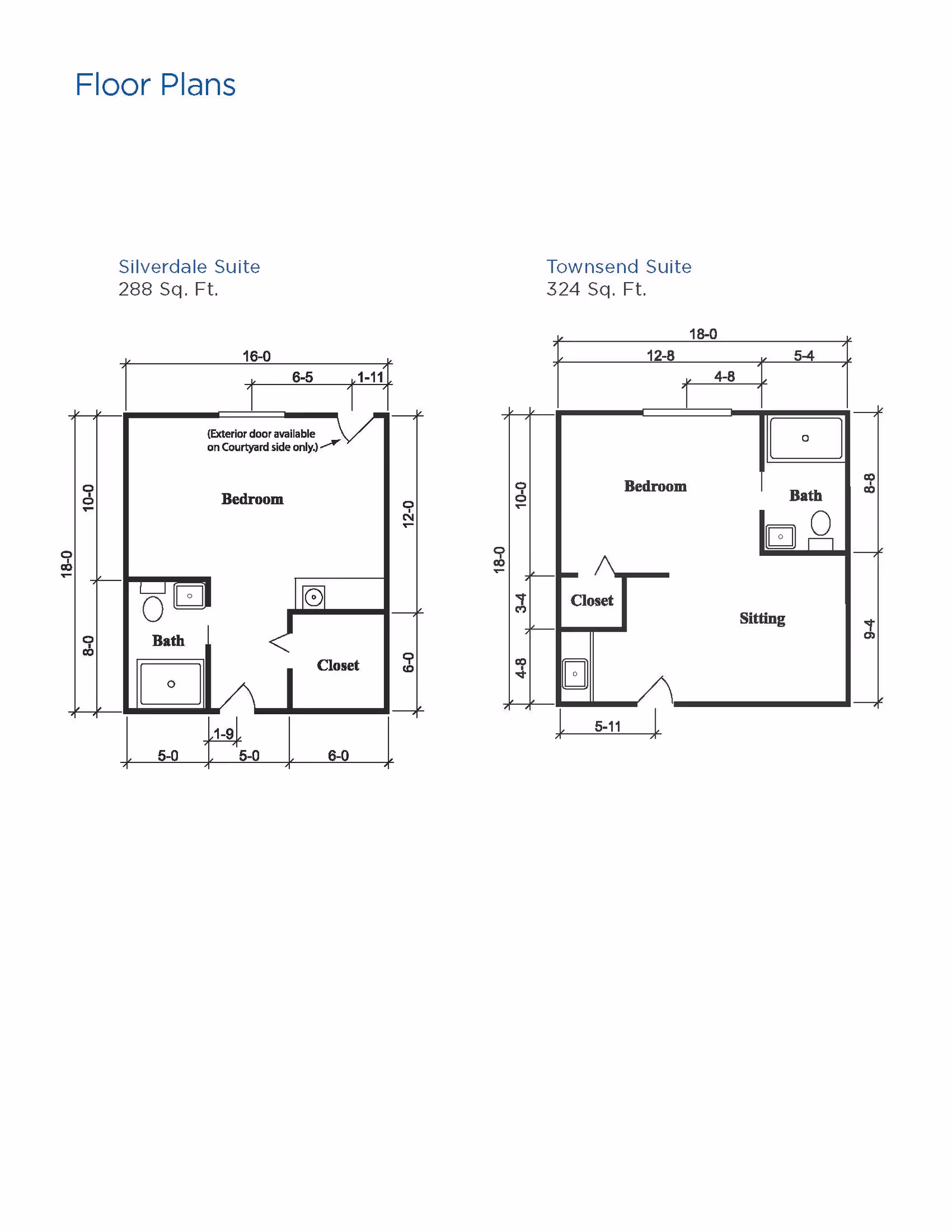 Floor plans for two suites at Brookdale Port Orange: Silverdale Suite with 288 square feet featuring a bedroom, bath, and closet; Townsend Suite with 324 square feet featuring a bedroom, sitting area, bath, and closet. Dimensions and layout details are shown.