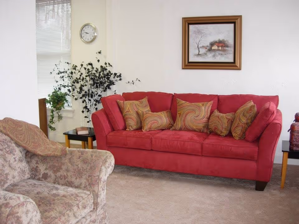 Living room with a red sofa and patterned pillows, an upholstered armchair, plants, a wall clock and framed painting.