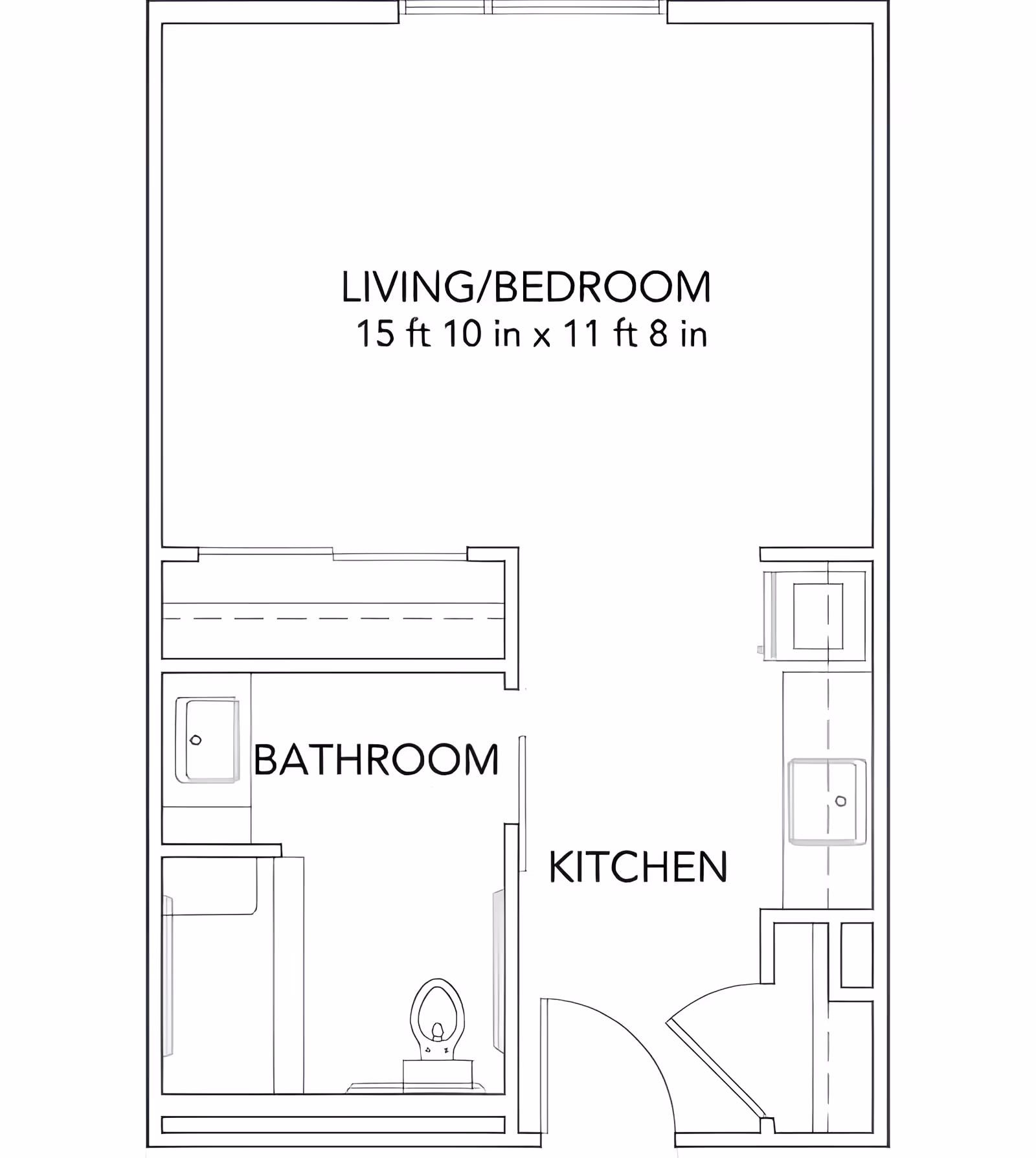 Floor plan layout of a living/bedroom area measuring 15 feet 10 inches by 11 feet 8 inches, connected to a bathroom and a kitchen. The bathroom includes a sink, toilet, and bathtub. The kitchen has a sink and counter space near the entrance.