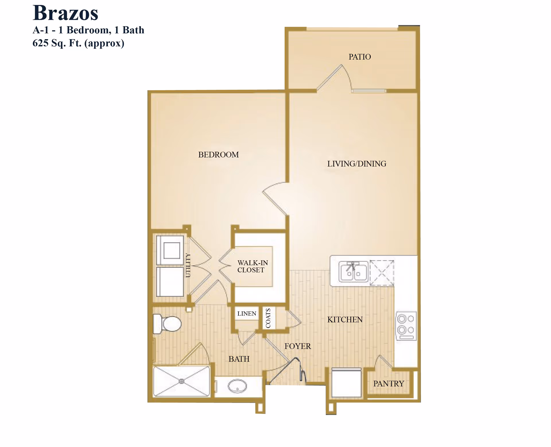 Floor plan of a one-bedroom, one-bath apartment named Brazos with approximately 625 square feet. The layout includes a bedroom, walk-in closet, bathroom, utility area, linen closet, coat closet, foyer, kitchen with pantry, living/dining area, and a patio.