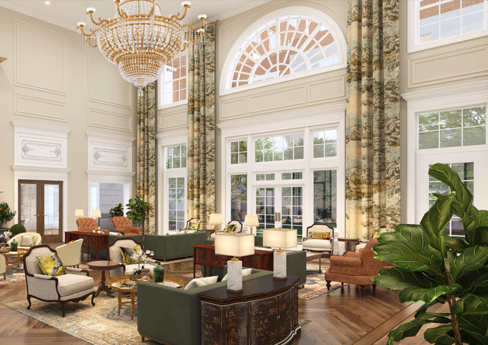 A spacious and elegantly designed lobby featuring a large chandelier, comfortable seating areas with decorative cushions, and tall windows adorned with patterned curtains, allowing natural light to fill the space.