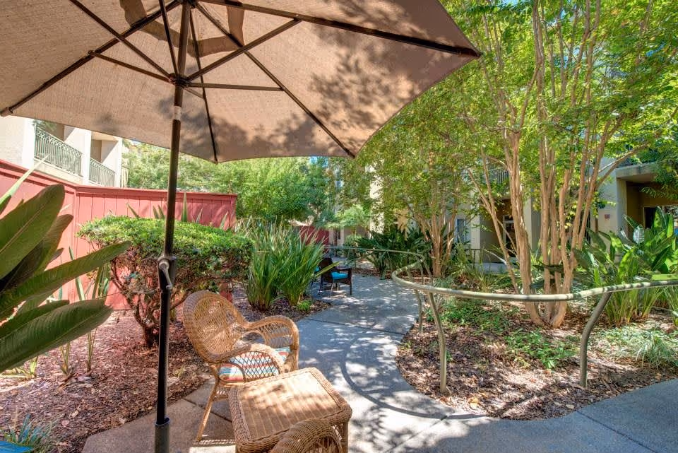 Outdoor garden area with a curved paved walkway surrounded by green plants and trees. There is a wicker chair with a cushion and a matching ottoman under a large patio umbrella. In the background, there are more chairs and a red wooden fence along one side.