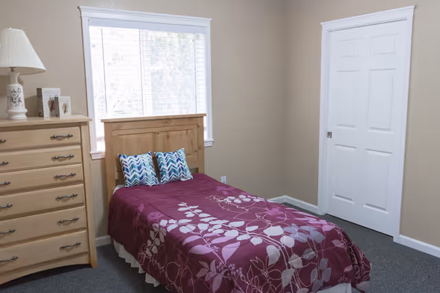 A small bedroom with a single bed covered in a purple bedspread with a white leaf pattern, two decorative pillows with blue and white zigzag patterns, a wooden headboard, a wooden dresser with a lamp and decorative items on top, a window with white blinds, beige walls, and a white door.