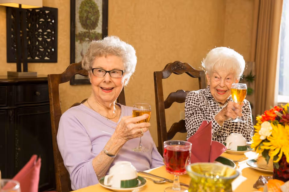 Two elderly women seated at a dining table smiling and raising glasses in a warmly lit dining room.
