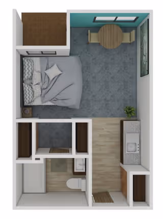 Top-down view of a senior living studio apartment floor plan featuring a bedroom area with a bed and pillows, a small dining area with a round table and two chairs near a window, a kitchenette with a sink and countertop, and a bathroom with a toilet and shower.