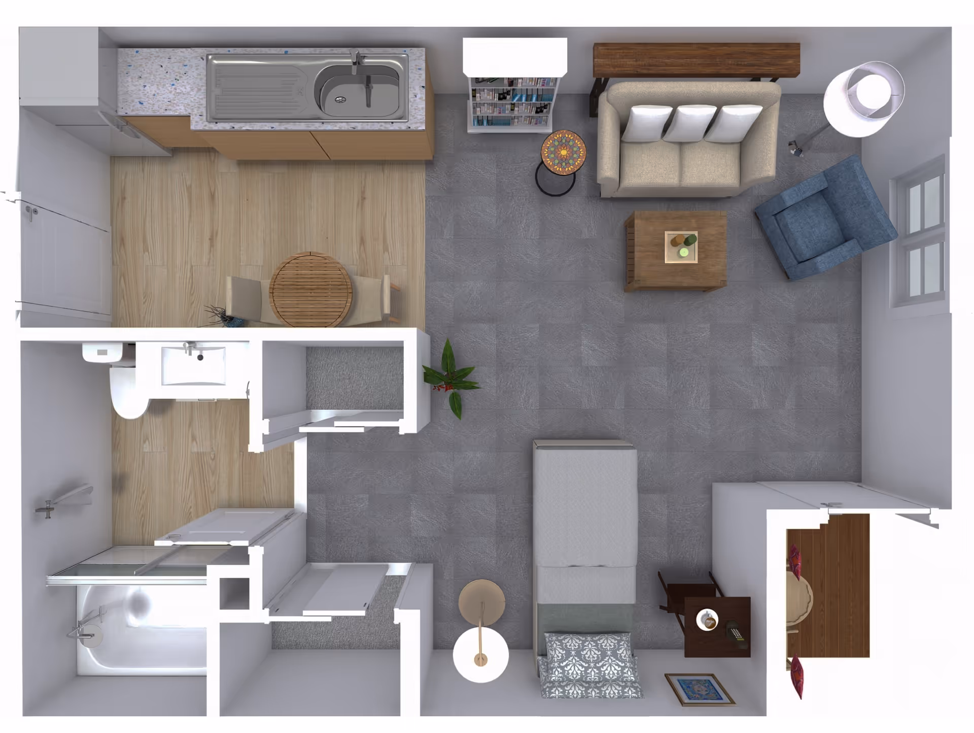 Top-down view of a senior living apartment floor plan featuring a combined living and bedroom area with a sofa, armchair, coffee table, bed, nightstand, and lamp. Adjacent to the living space is a kitchen area with a sink, countertop, and small dining table with two chairs. The apartment also includes a bathroom with a shower, toilet, and sink.