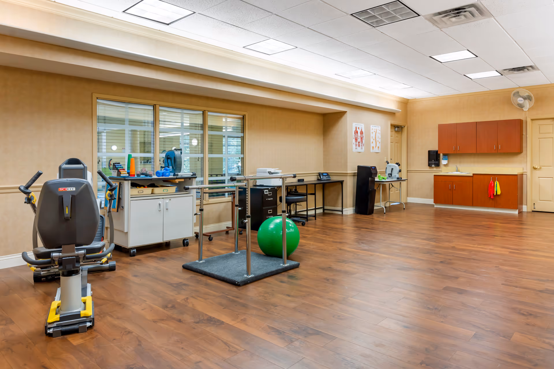 A spacious rehabilitation or physical therapy room with exercise equipment including a recumbent bike, parallel bars, a green exercise ball, and various therapy tools on a cabinet. The room has wood flooring, beige walls, and ceiling lights. There is a small sink area with cabinets and anatomical charts on the wall.