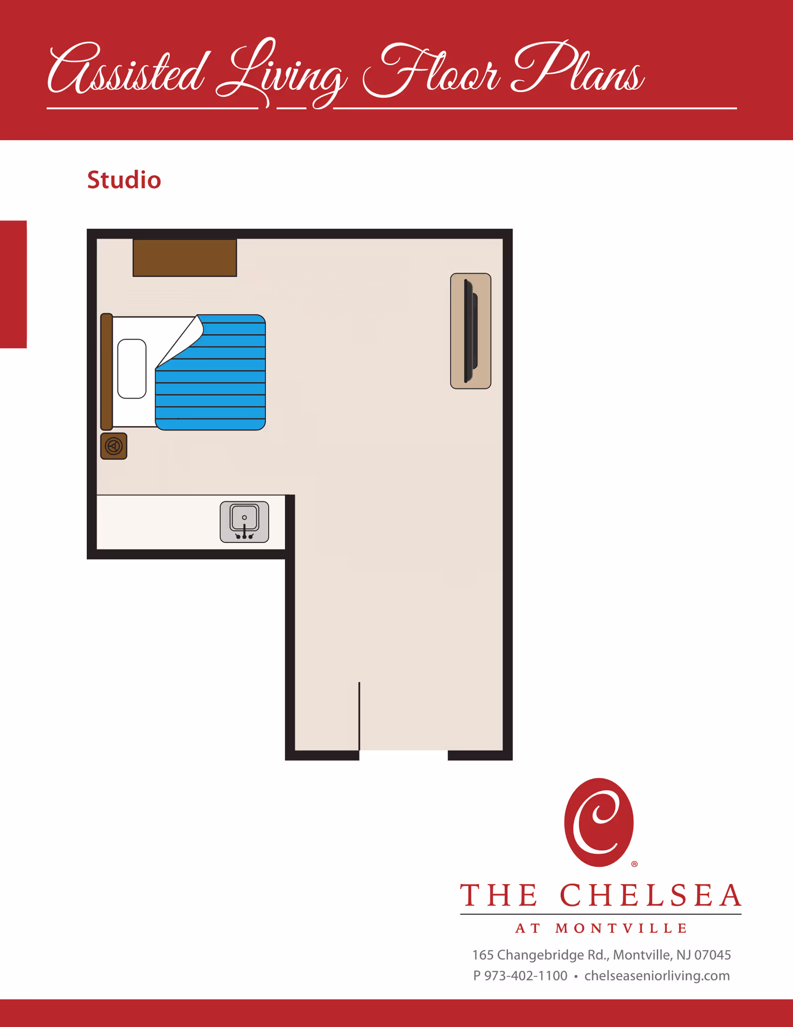 Graphic studio floor plan of an assisted-living apartment showing a bed, bedside table, sink area, TV and entrance.