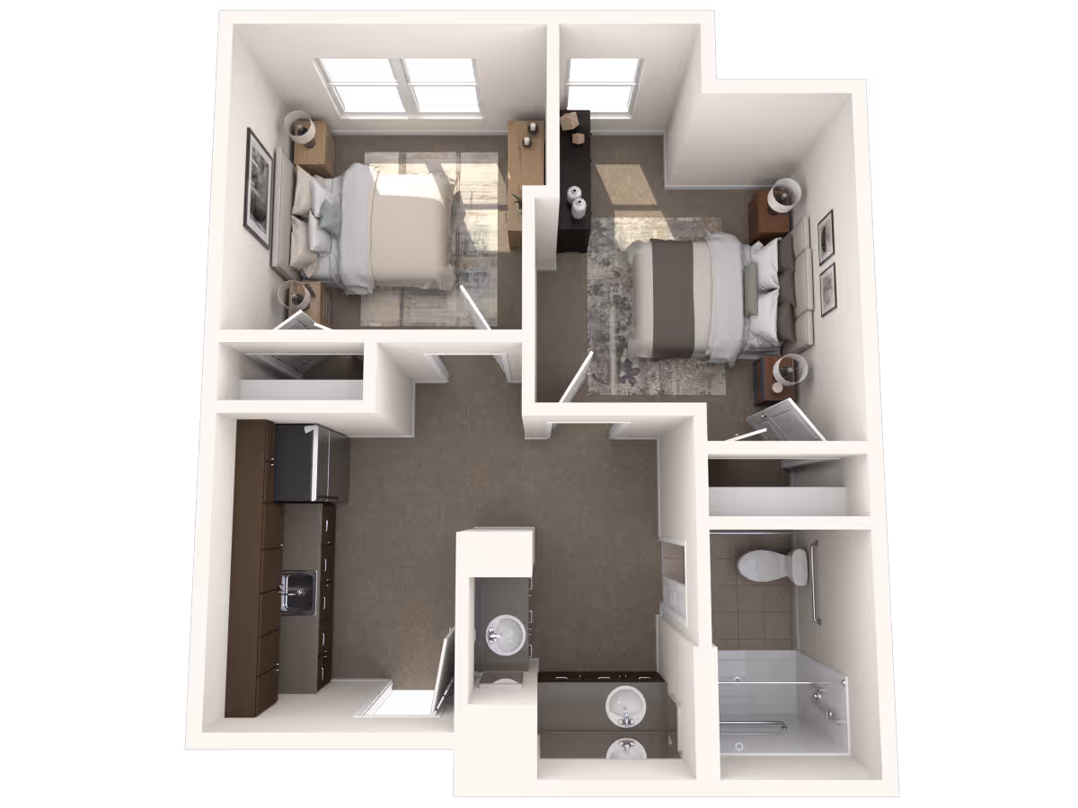 3D floor plan of an assisted living unit showing two bedrooms, a kitchen area with appliances and cabinets, a bathroom with a shower and toilet, and a hallway with a sink and storage space.