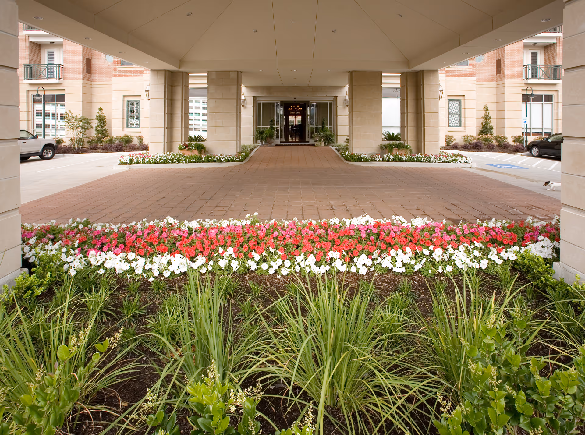 Covered entrance with columns, a brick driveway and rows of red and white flowers leading to the building's main doors.