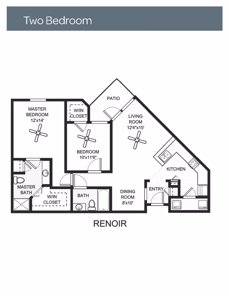Floor plan labeled Renoir showing a two-bedroom apartment layout with a master bedroom (12'x14'), a second bedroom (10'x11'6"), master bath, additional bath, walk-in closets, living room (12'4"x15'), dining room (8'x10'), kitchen, entry, and a patio.