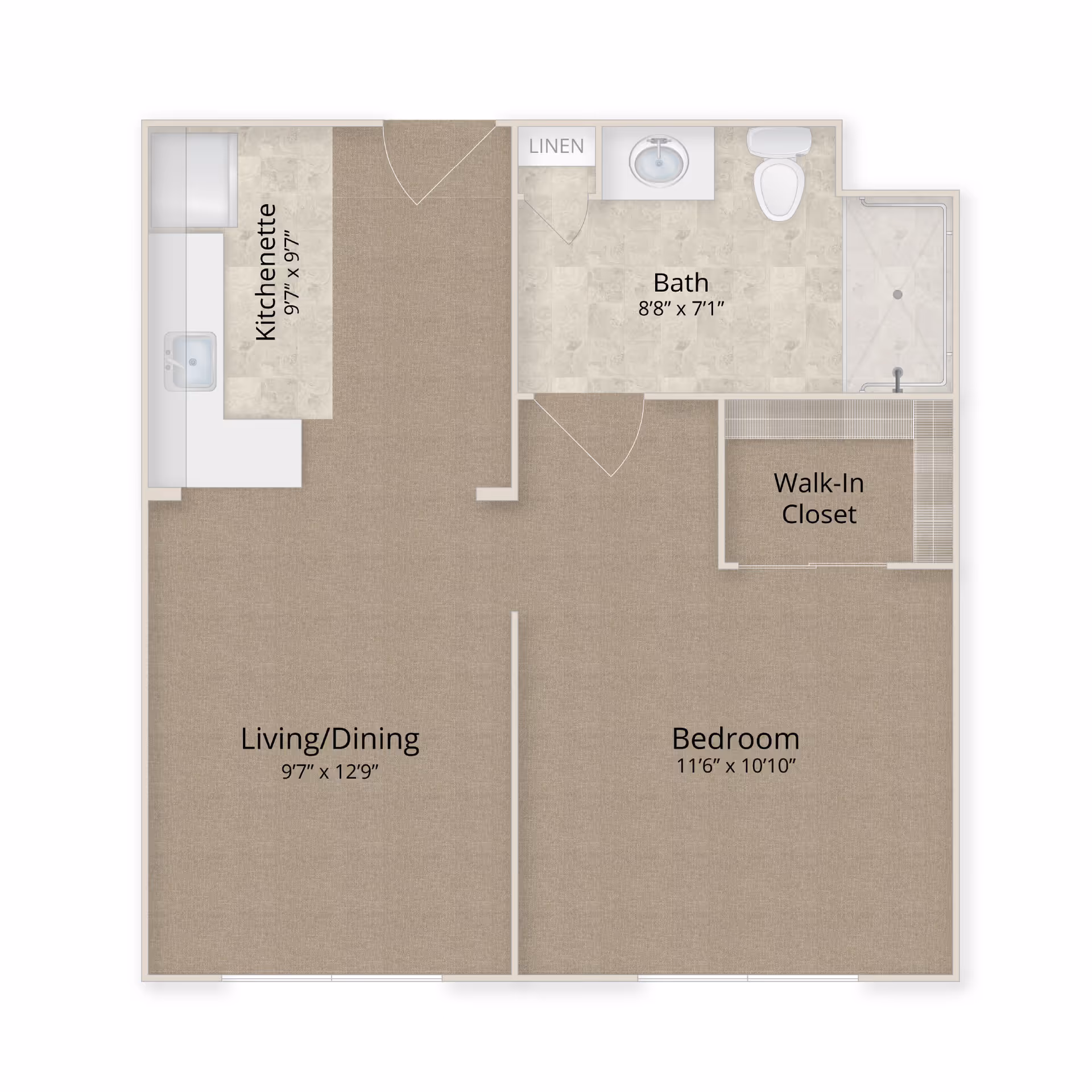 Floor plan of a senior living apartment showing a kitchenette, bath, walk-in closet, bedroom, and living/dining area with dimensions.