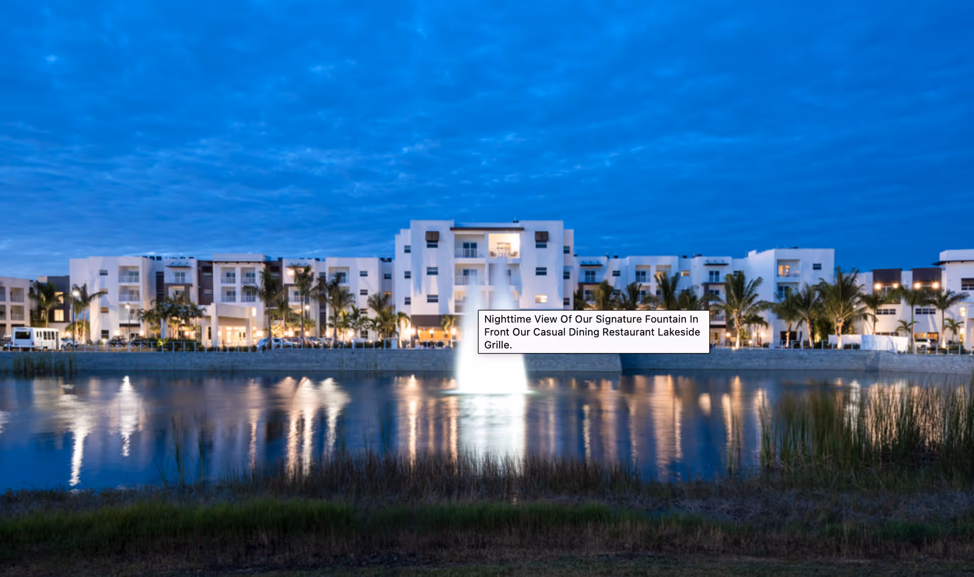 Nighttime view of a modern multi-story building complex with palm trees and a large illuminated fountain in a lake in front, reflecting lights on the water under a cloudy blue sky.