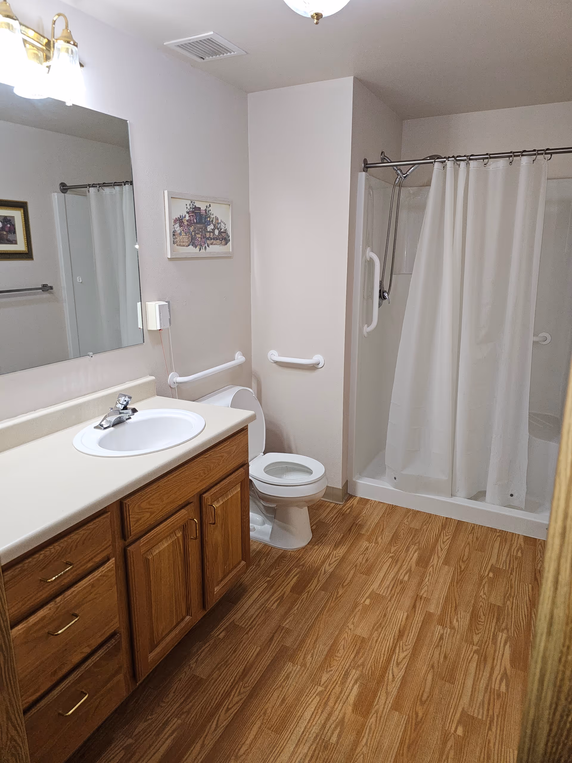 A clean senior living bathroom featuring a wooden vanity with a white sink and faucet, a large mirror above the sink, a toilet with grab bars on the walls beside it, and a walk-in shower with a white curtain and grab bars. The floor has a wood-like finish, and there is a framed picture on the wall.