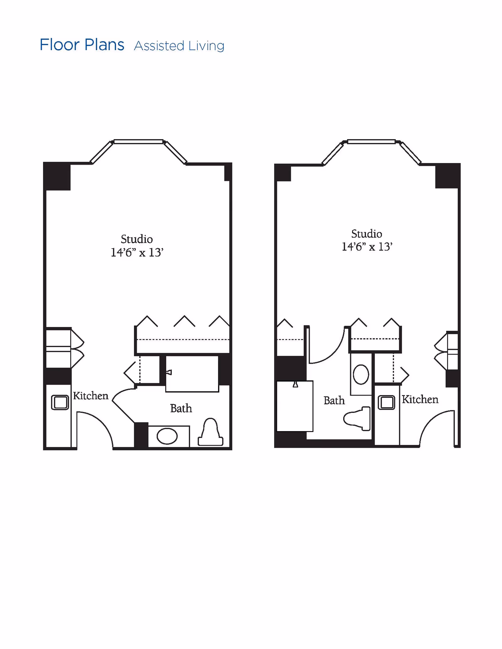 Two black and white architectural floor plans for assisted living studio apartments, each measuring 14 feet 6 inches by 13 feet. Both layouts include a studio area, a kitchen, and a bathroom, with slight variations in the arrangement of the kitchen and bath areas.
