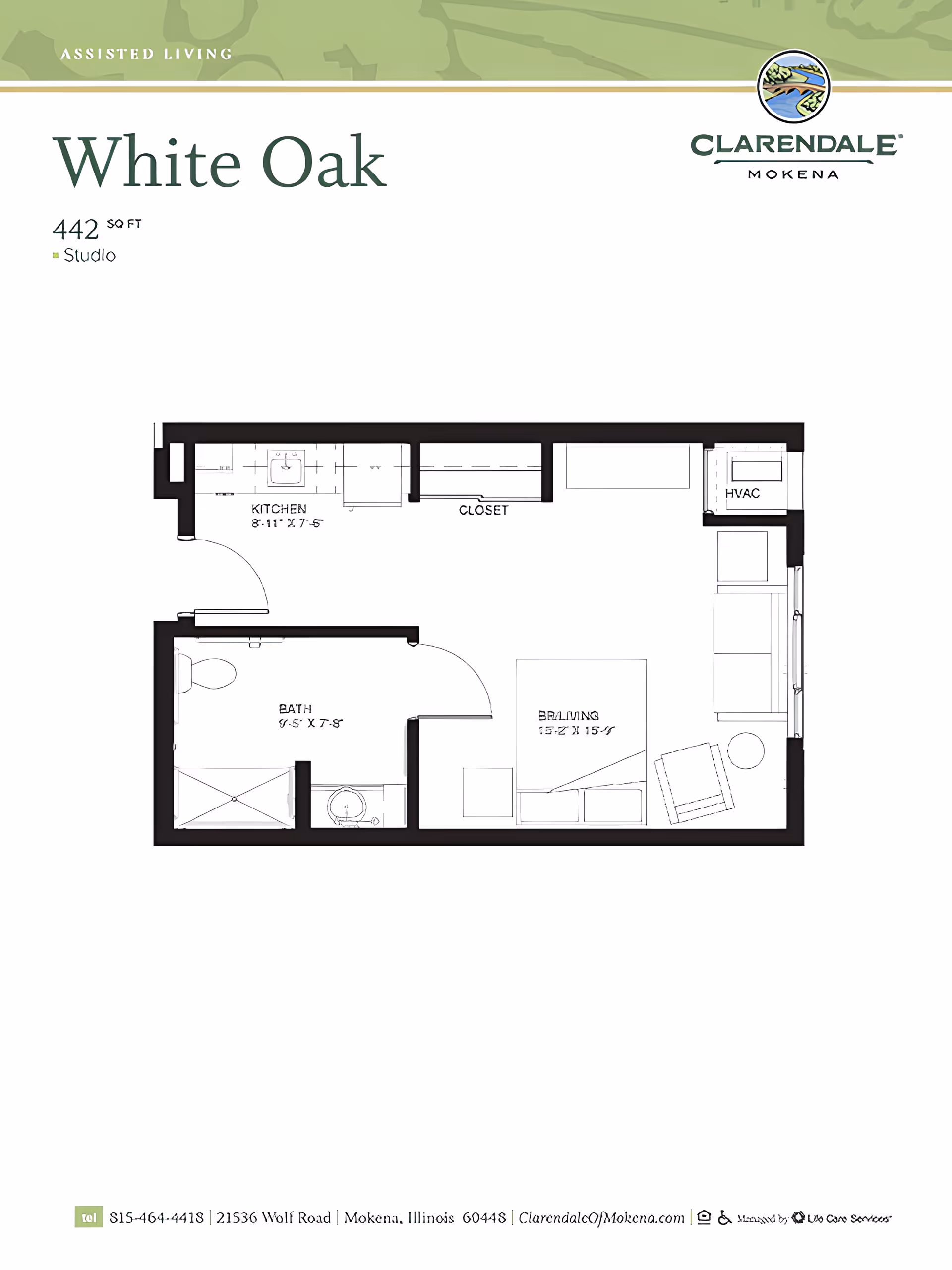 Floor plan of a studio apartment named White Oak at Clarendale of Mokena, showing a kitchen area, closet, bathroom, and a combined living and sleeping area measuring 442 square feet.