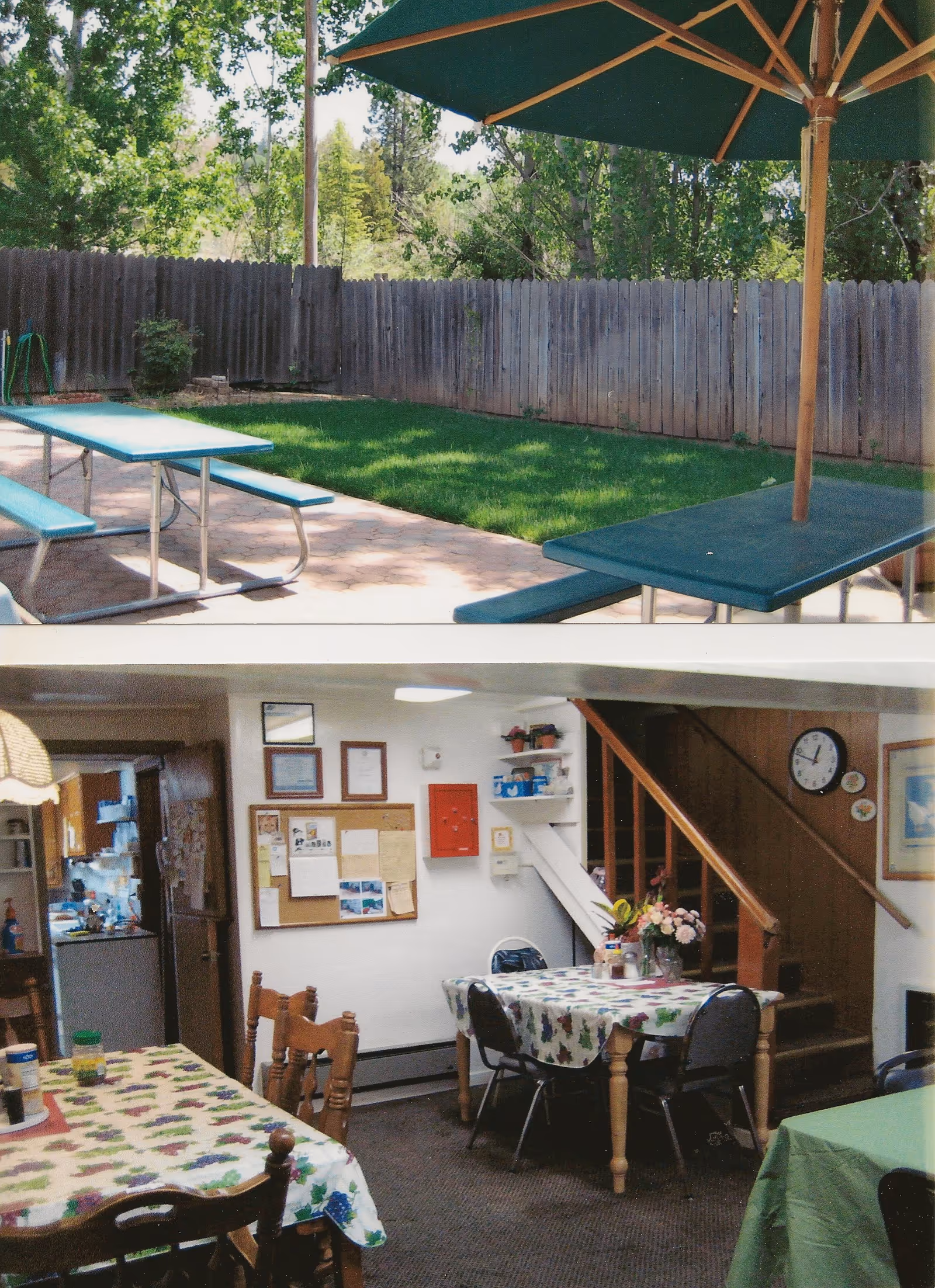 Top image shows an outdoor patio area with green picnic tables and benches under large green umbrellas, surrounded by a wooden fence and trees. Bottom image shows an indoor dining area with tables covered in floral tablecloths, wooden chairs, a bulletin board on the wall, a staircase, and a clock.