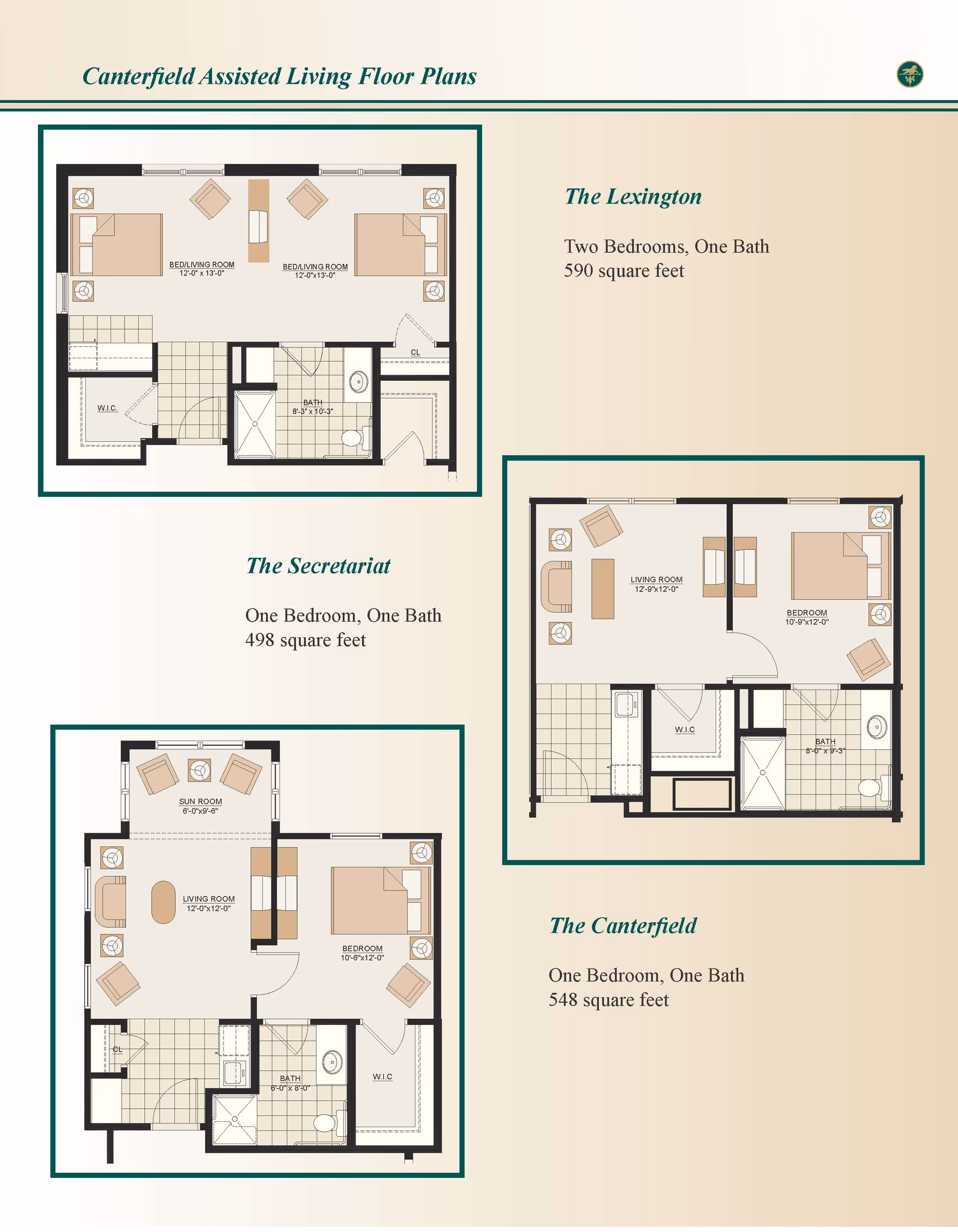 Brochure page showing three labeled assisted-living floor plans with room layouts and square footages for Canterfield Senior Living.