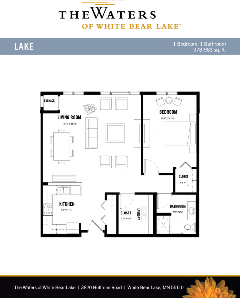 Black schematic floor plan labeled 'LAKE' showing a furnished one-bedroom, one-bath layout with measurements and the facility address at the bottom.
