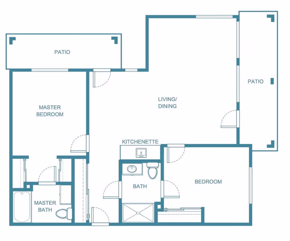 Floor plan of a living space at Holiday Peninsula showing a master bedroom with attached master bath, a second bedroom, a bath, a kitchenette, a combined living and dining area, and two patios.