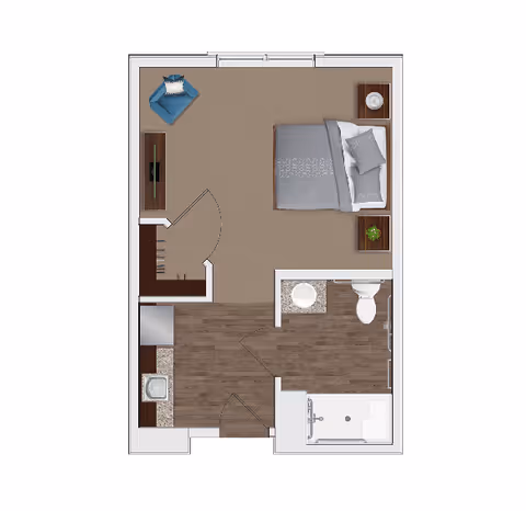Top-down floor plan of a studio apartment showing a bedroom area with a bed and chair, a kitchenette, entryway, closet, and a bathroom with shower.