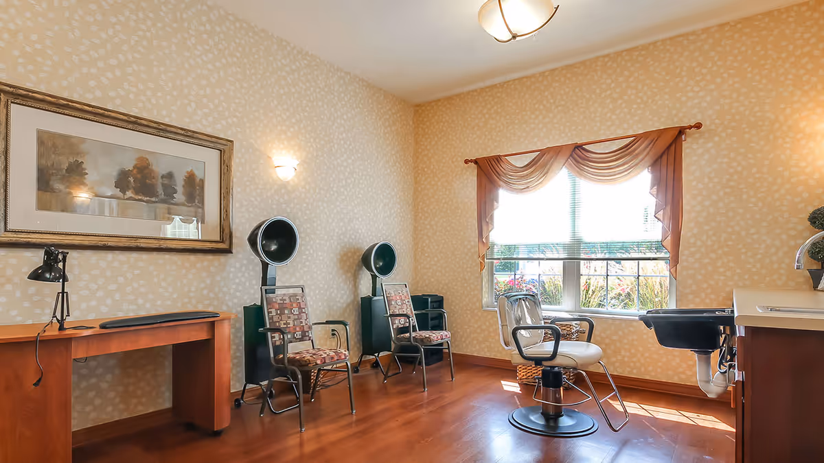 Interior salon room with hair-drying chairs, a barber chair, sink and a desk by a sunny window.