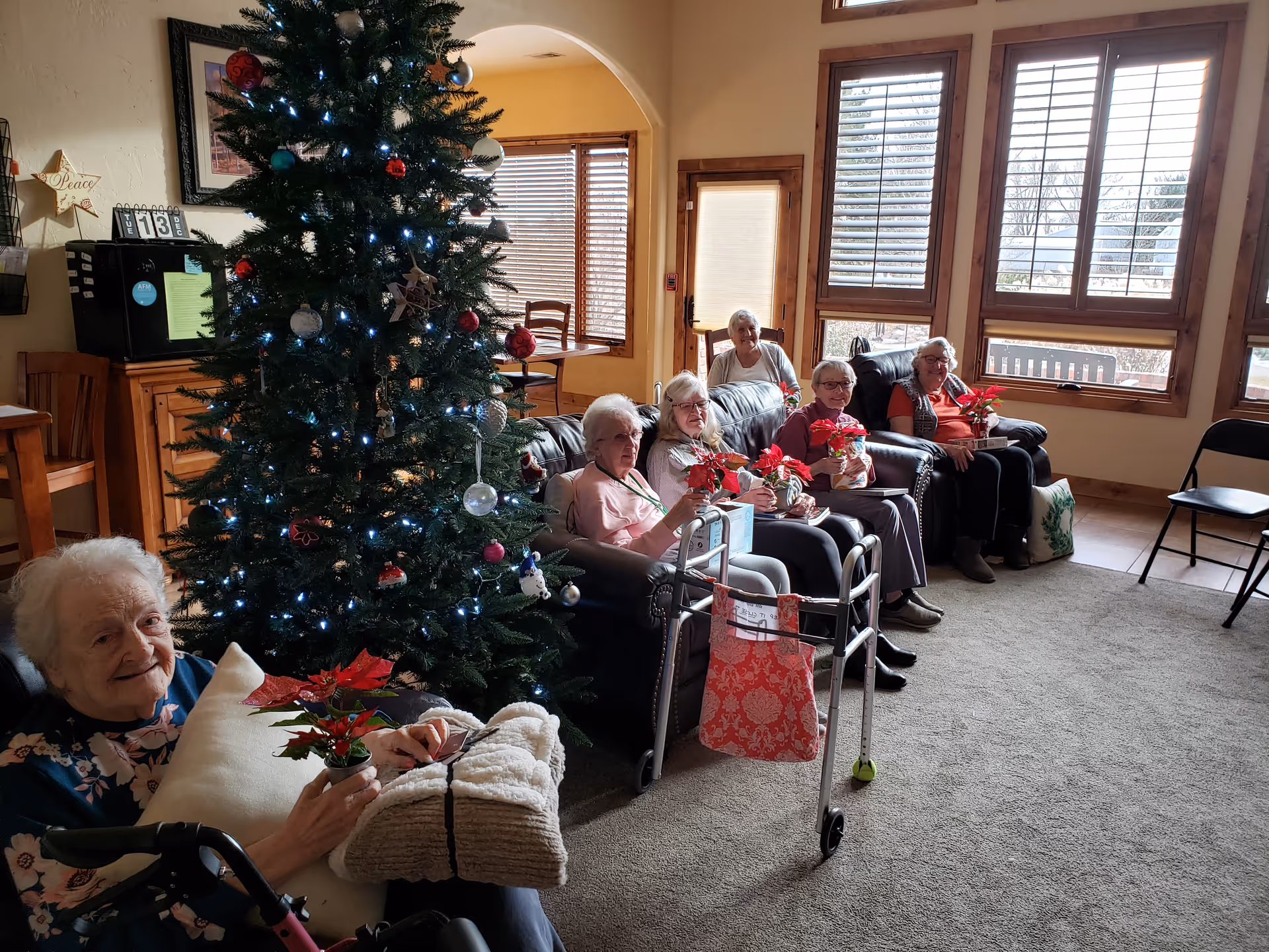 Several seniors sit in a living room by a decorated Christmas tree, each holding a small poinsettia.
