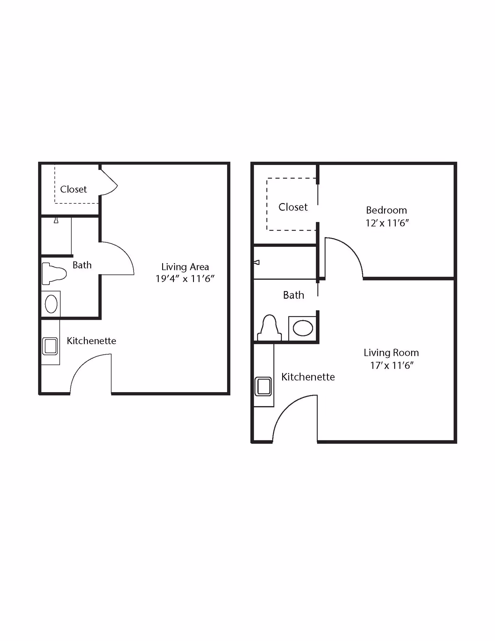 Black and white architectural floor plan showing two layouts. The left layout includes a closet, bath, kitchenette, and living area measuring 19'4" x 11'6". The right layout includes a closet, bath, kitchenette, bedroom measuring 12' x 11'6", and living room measuring 17' x 11'6".