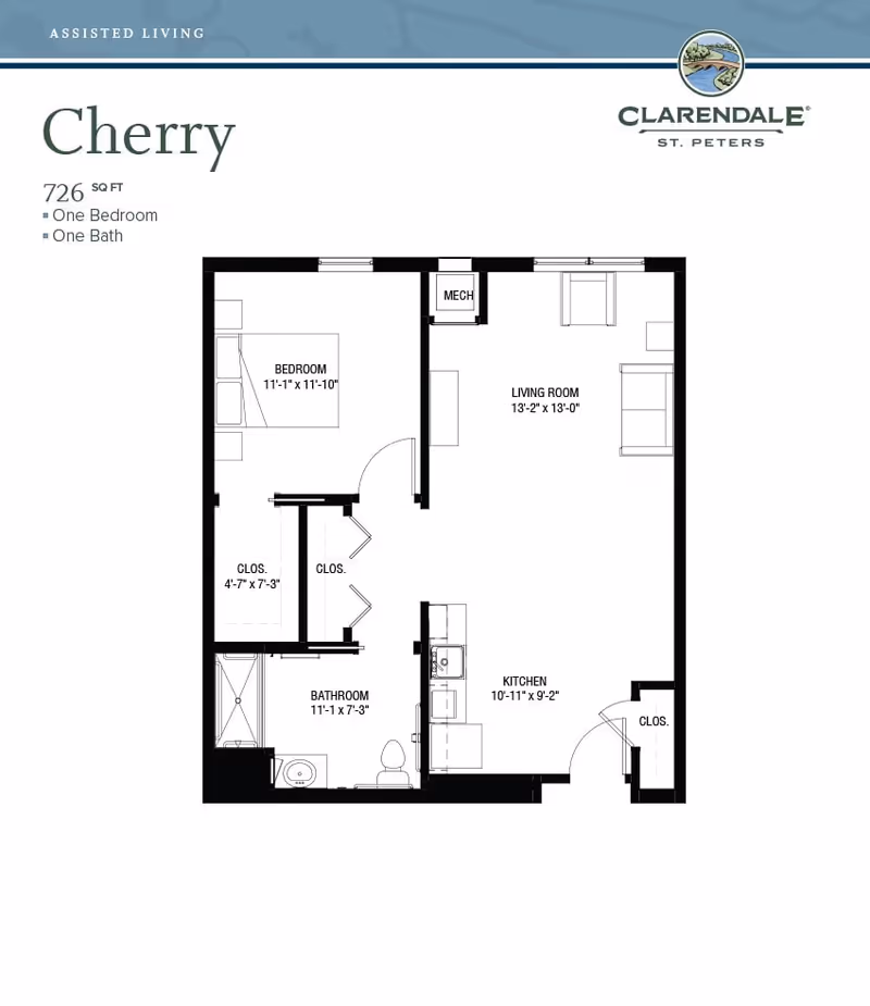 Floor plan of the Cherry assisted living unit at Clarendale of St. Peters, showing a one-bedroom, one-bath layout with dimensions. The plan includes a bedroom, bathroom, kitchen, living room, closets, and a mechanical room.