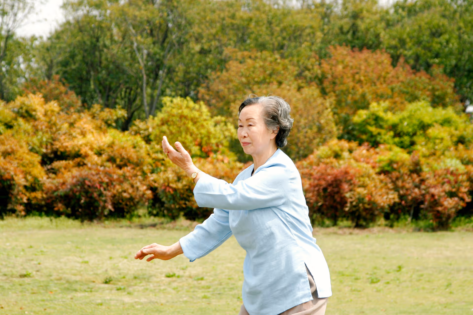 An elderly woman practicing tai chi outdoors in a grassy area with colorful bushes and trees in the background.