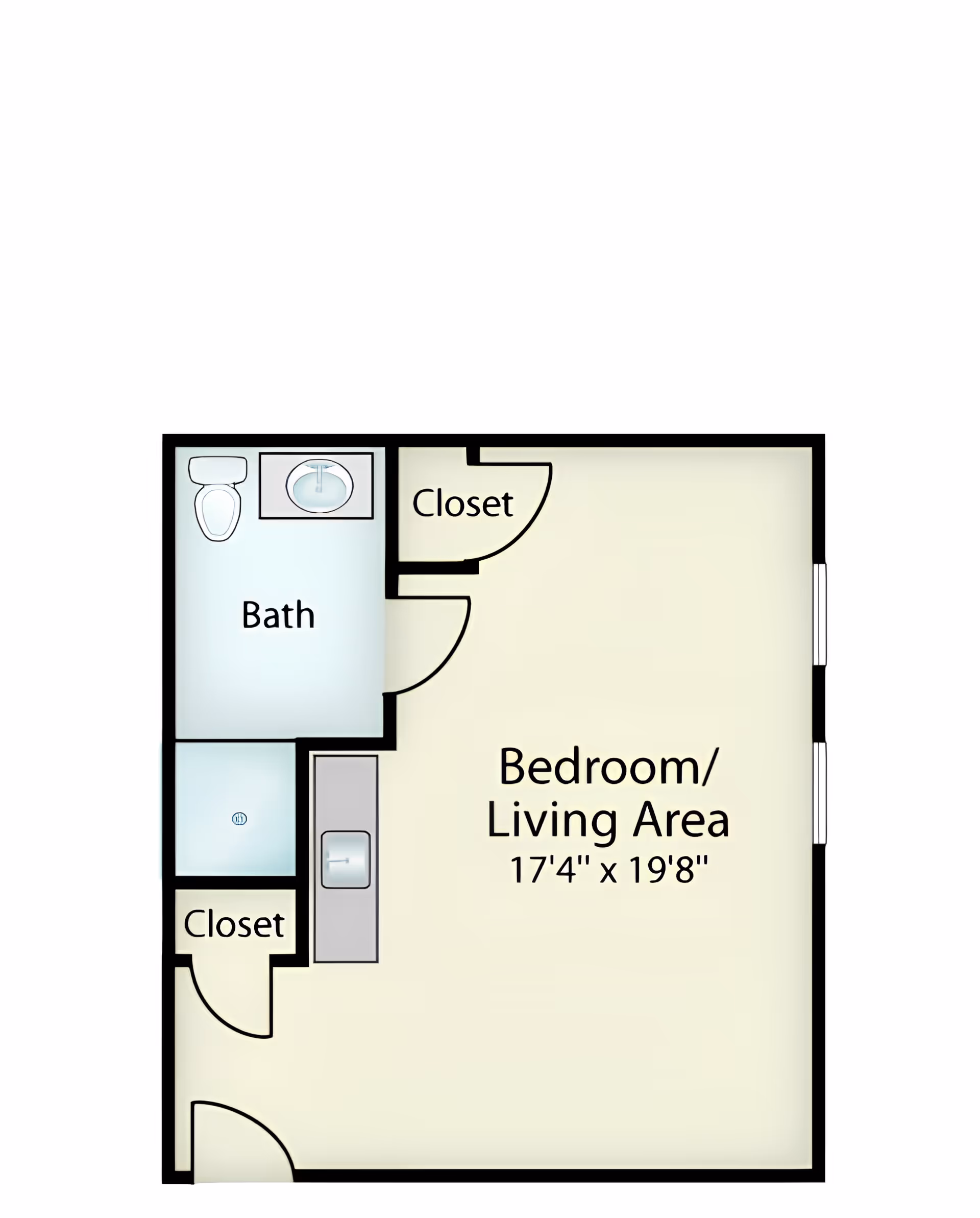 Floor plan of a studio apartment with a combined bedroom and living area measuring 17 feet 4 inches by 19 feet 8 inches, a bathroom with a toilet and sink, two closets, and a small kitchen area with a sink.