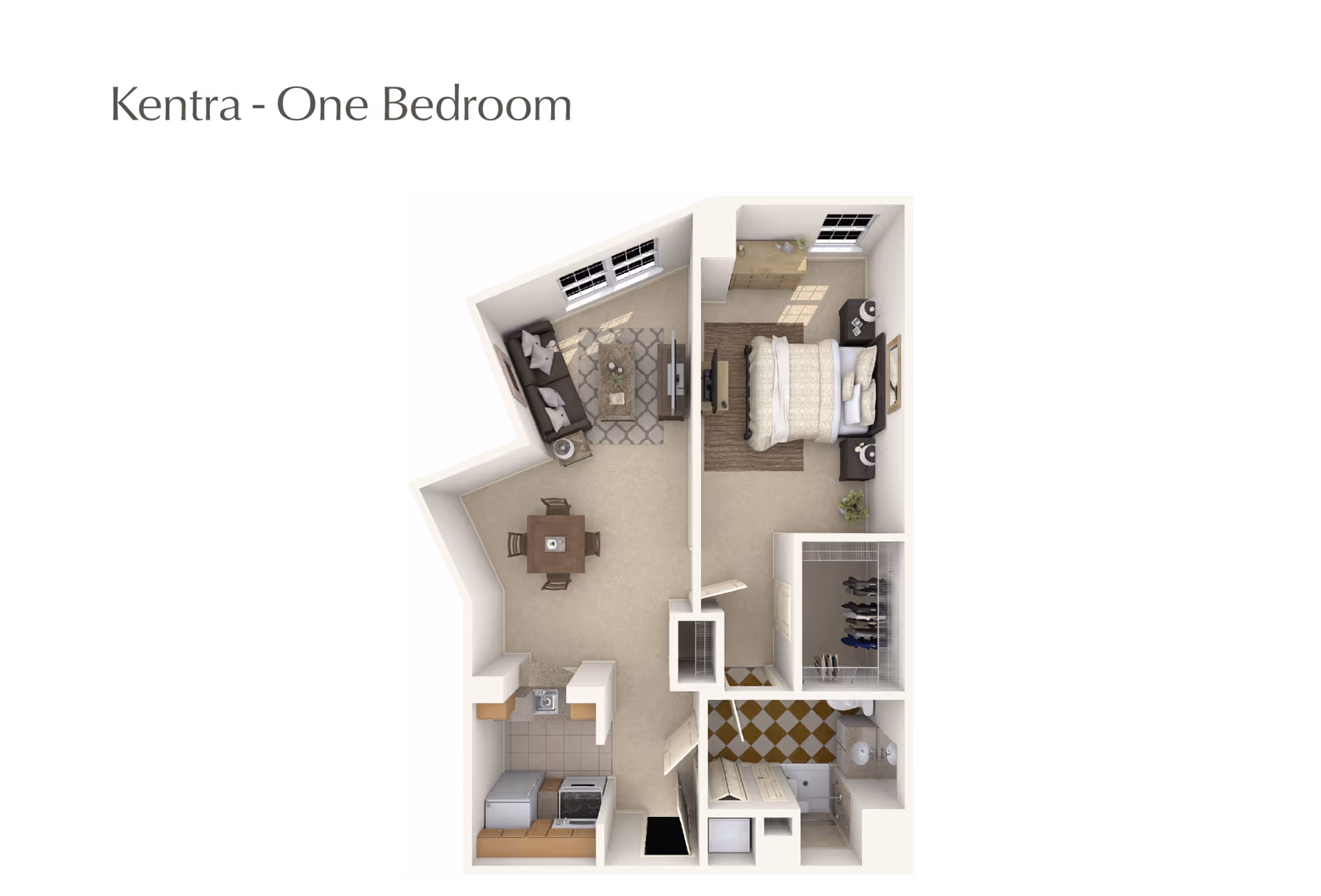 3D floor plan of a one-bedroom apartment named Kentra, showing a living room with a sofa and TV, a dining area with a table and four chairs, a kitchen with appliances, a bedroom with a bed and dresser, a walk-in closet, and a bathroom with a shower and sink.