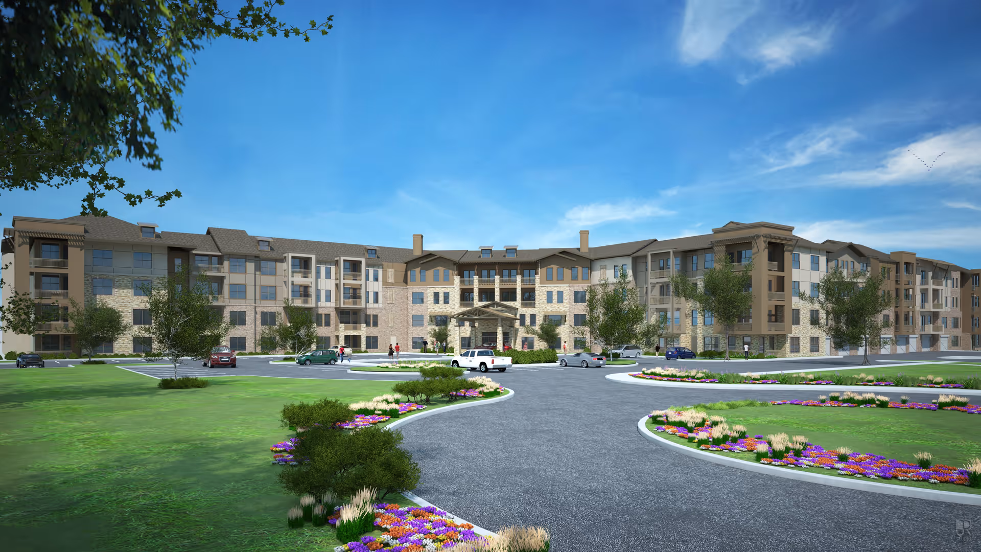 Front exterior view of a large multi-story senior living facility building with a circular driveway, landscaped flower beds, green lawns, and several parked cars under a blue sky.