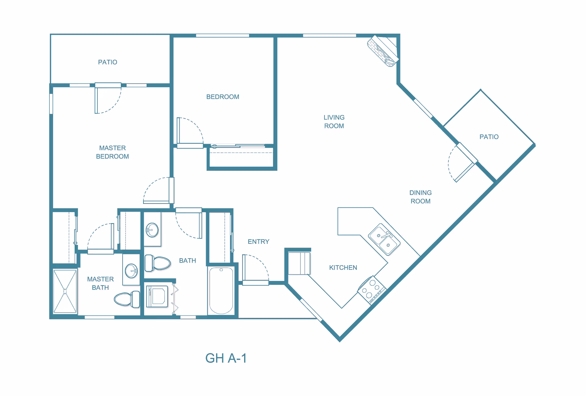 Architectural floor plan of a residential unit labeled GH A-1, showing two bedrooms including a master bedroom with attached master bath, an additional bath, a kitchen, dining room, living room, entry area, and two patios.
