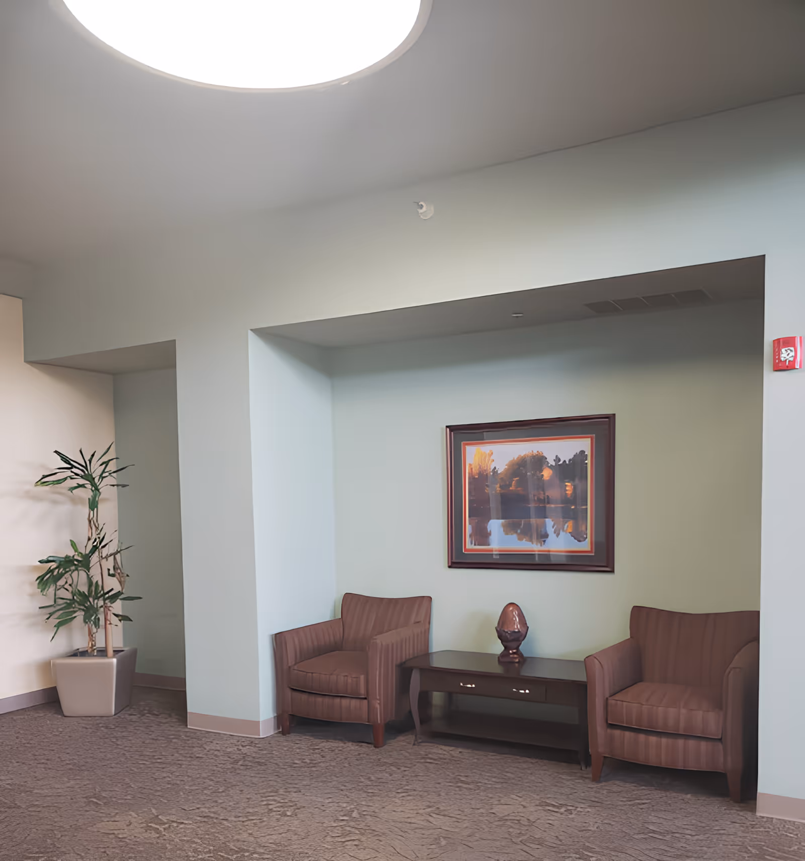 A small seating area in a hallway or lobby with two brown upholstered armchairs on either side of a dark wooden coffee table. On the table is a decorative object. Above the table hangs a framed picture of a landscape with trees and a body of water. To the left of the seating area is a tall potted plant. The walls are painted light green and the floor is carpeted.
