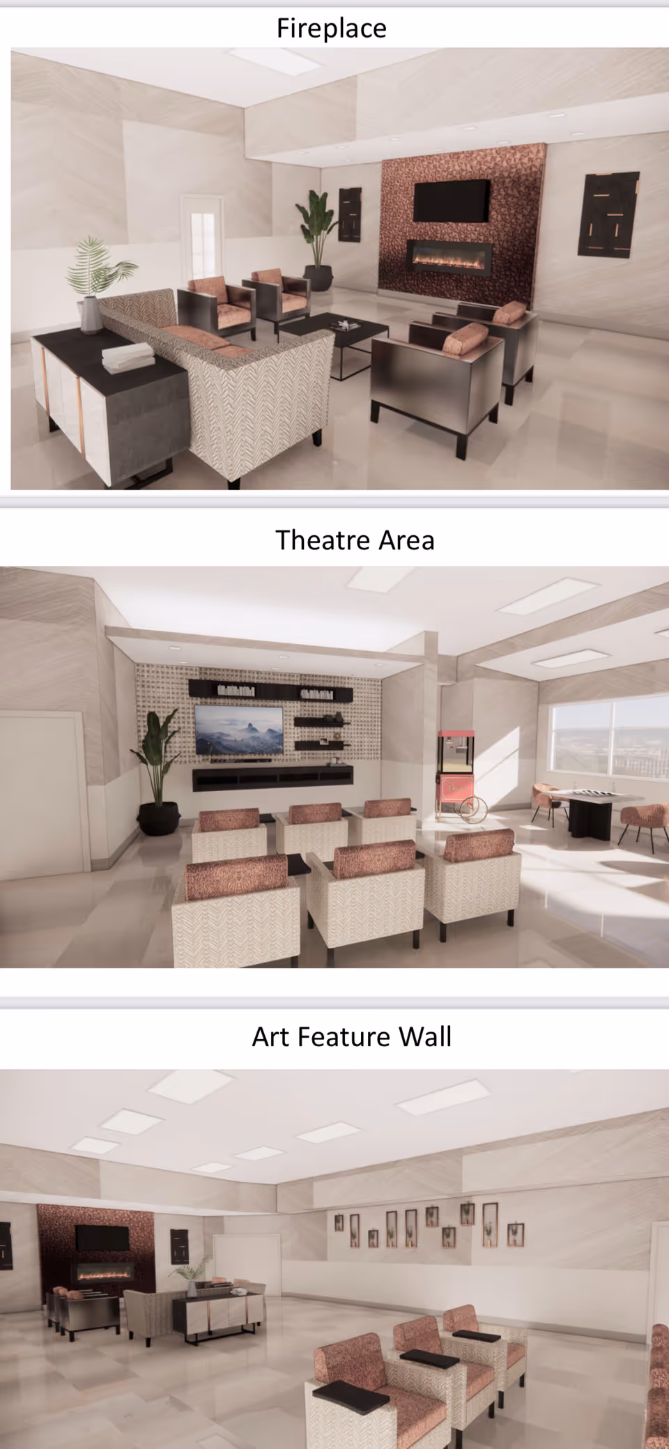 Spacious senior living common area featuring multiple seating groupings, a fireplace with wall-mounted TV, theatre-style chairs, and an art feature wall.